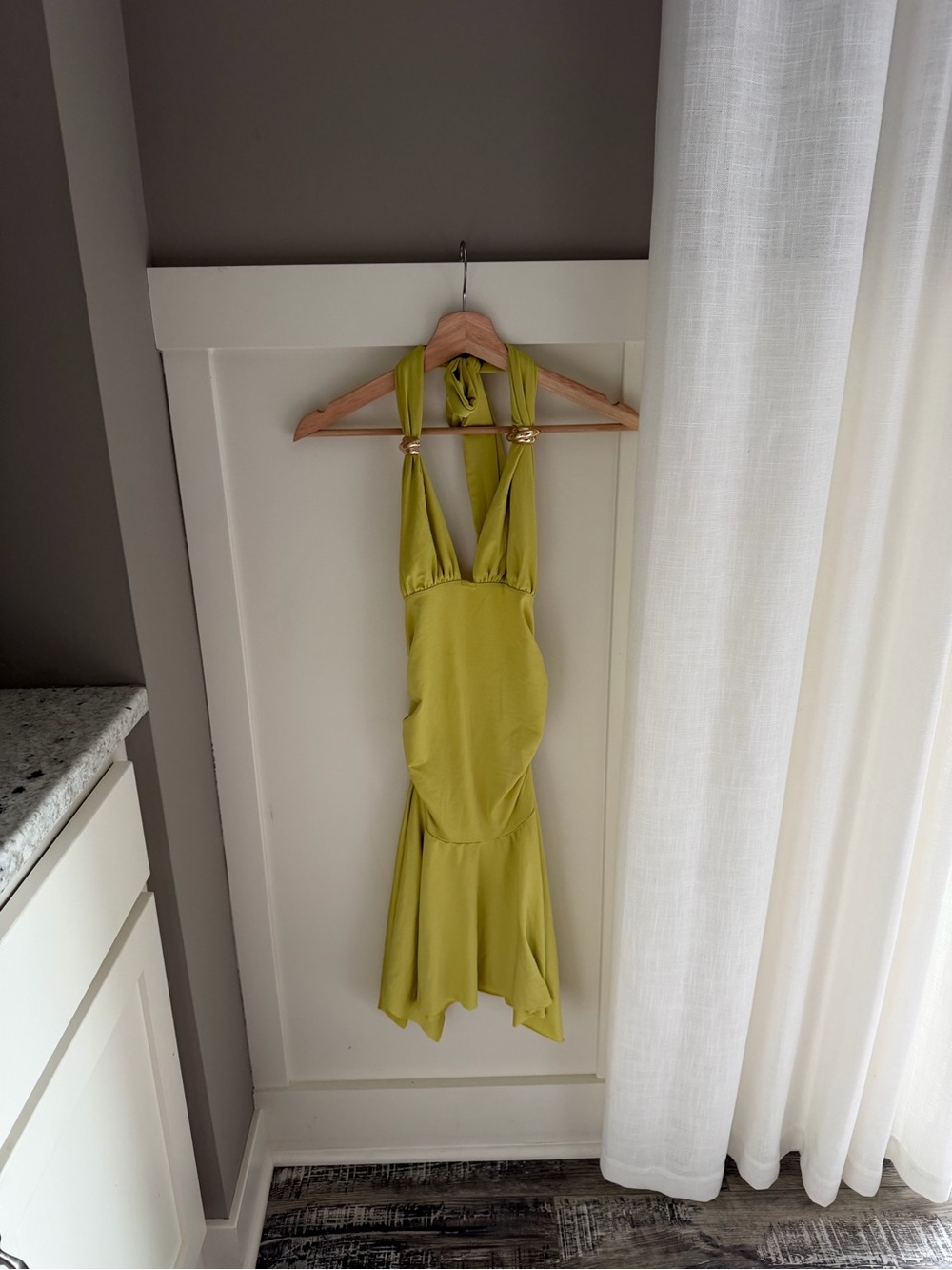 Plunge Halter Ruched Mini Dress in Olive Green - Picture 5 of 6
